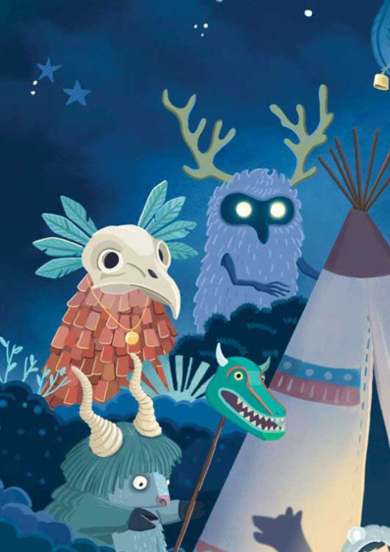 Detail — skull-headed bird creature with feathered cloak, blue-eyed antlered owl, and a green crocodile shadow puppet beside the tipi.