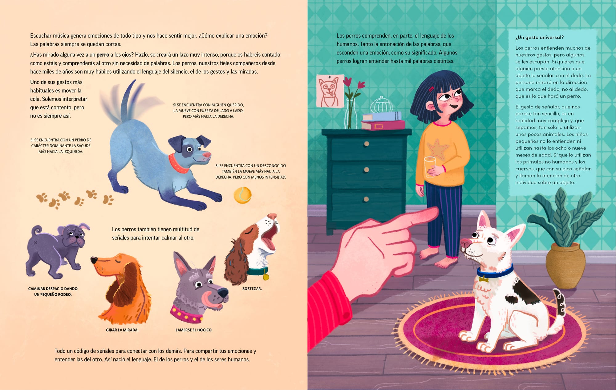 Plantas que Hablan — dog body language spread, illustrated by Asia Orlando for Editorial Flamboyant.